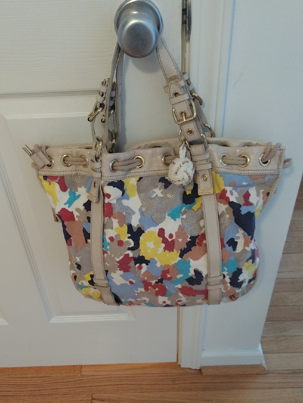 Juicy Couture Y2K Multicolor Floral Canvas Tote with Beige Trim and Gold Accent